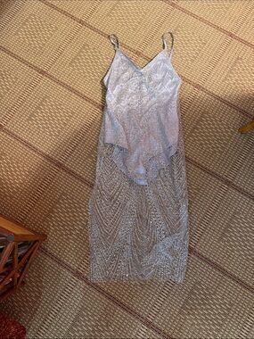 Silver Beaded Midi Slip Dress with Sheer Overlay